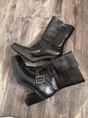 Tommy Hilfiger Black Mid-Calf Heeled Boots with Buckle & Star Zip Pull